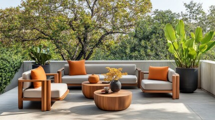 Modern outdoor patio furniture set with teak wood frame, beige cushions, and orange throw pillows on a concrete deck.