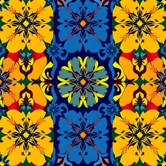 Vibrant Floral Mandala Pattern: A captivating seamless pattern featuring ornate, colorful mandala designs with intricate details and rich color palettes. Perfect for textile design, wallpaper.