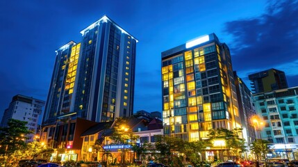 Obraz premium Illuminated skyscrapers at twilight, city street scene.