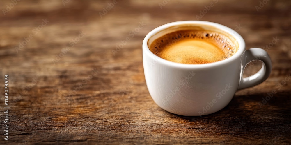 Poster a small coffee cup filled with hot espresso rests on a rustic table, showcasing the rich details of 