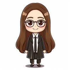 Cute cartoon girl with glasses wearing a black suit.