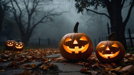 Cinematic Halloween scene with pumpkins jack o' lanterns sitting on a foggy path bokeh