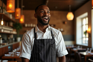 Fototapeta premium Bearded man wearing a white shirt and black apron is standing in a restaurant kitchen, smiling broadly with his hands on his hips.