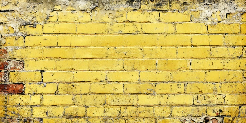 Fototapete Worn, weathered, and dirty yellow brick wall background creates a textured and rustic appearance, perfect for adding character and charm to various creative projects featuring a yellow brick wall.