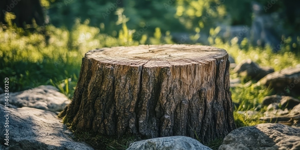 Aufkleber close up view of an old stump showcasing its intricate textures and natural beauty, highlighting the