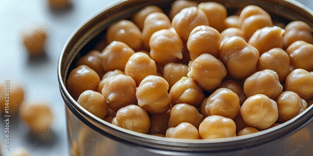 Poster chickpeas in an opened can showcase cooked and canned chickpeas, rich in protein, derived from cicer