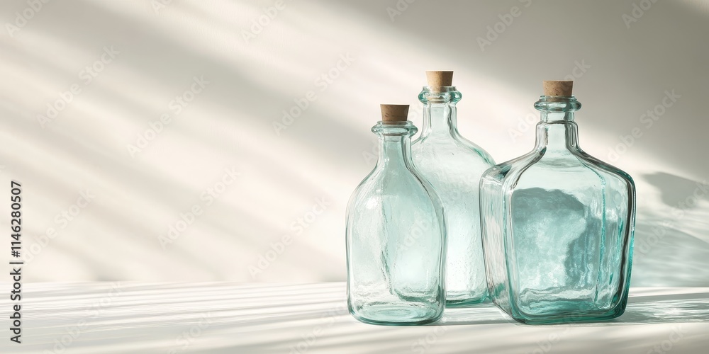 Poster image featuring three glass bottles against a white background illuminated by soft light, highlighti