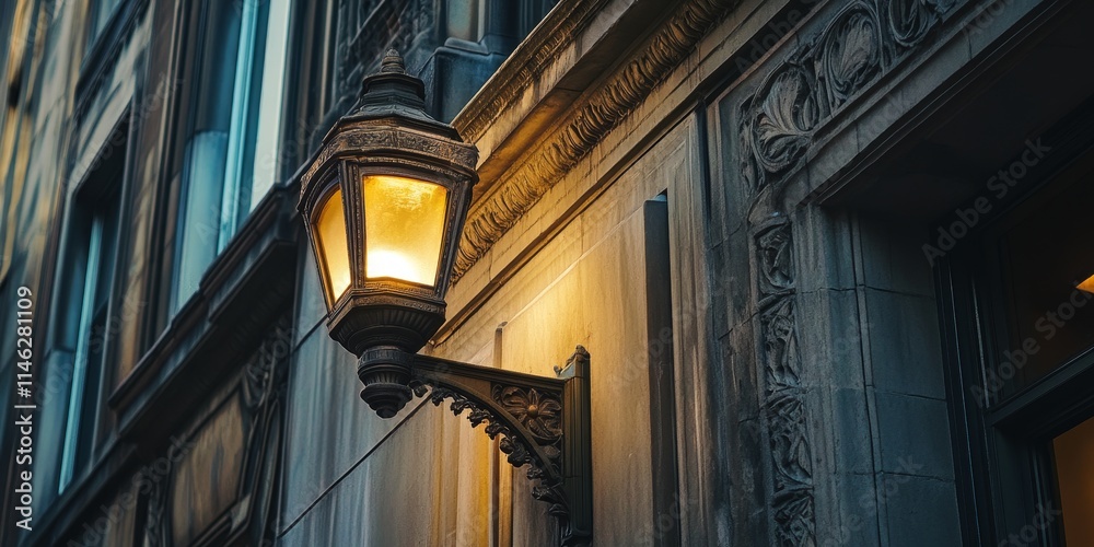 Aufkleber Closeup of a searchlight illuminating old buildings, showcasing the intricate details and textures of historic architecture using the searchlight as a dramatic focal point in the image.