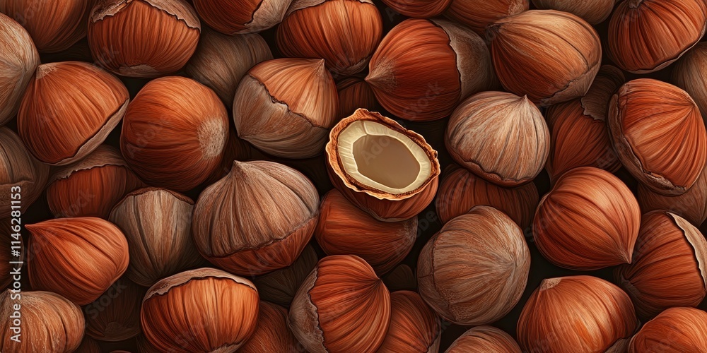 Poster a detailed background and texture featuring hazelnuts in their shells, highlighting the unique patte