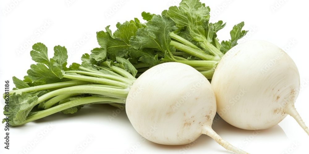Poster fresh white round daikon radish displayed on a clean white background, highlighting the vibrant text