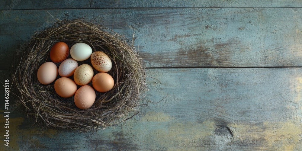 Poster Fresh eggs nestled in a cozy nest rest on a wooden table, showcasing the natural beauty of fresh eggs and their inviting presence in any setting. Fresh eggs bring warmth and charm to the scene.
