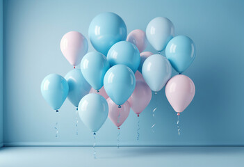 Background of blue balloons flying gracefully in an empty room, wonderful festive atmosphere