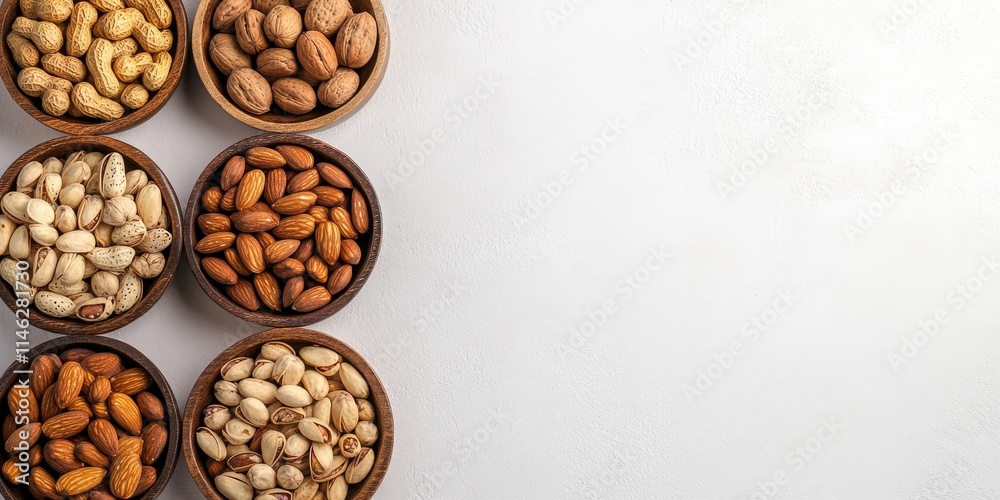 Poster assorted nuts arranged in wooden plates on a white background, showcasing the variety of nuts availa