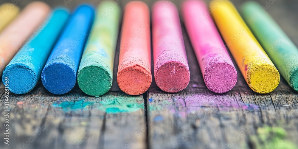 Aufkleber Colorful chalks arranged on a wooden surface create a vibrant visual display. The assortment of chalks showcases a variety of colors, ideal for creative projects and artistic expression.