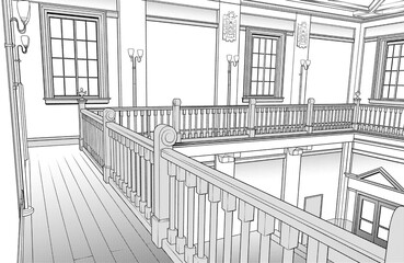 漫画風ペン画イラスト　明治大正_廊下