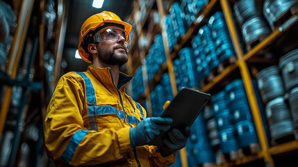 Industrial worker in safety gear using a tablet for inventory management in a warehouse