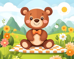 Cute teddy bear picnic sunny meadow illustration, children's book, card.