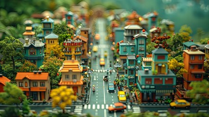 A vibrant miniature cityscape with colorful buildings, roads, and greenery.