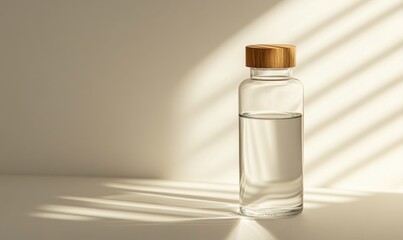 A clear bottle with a wooden lid