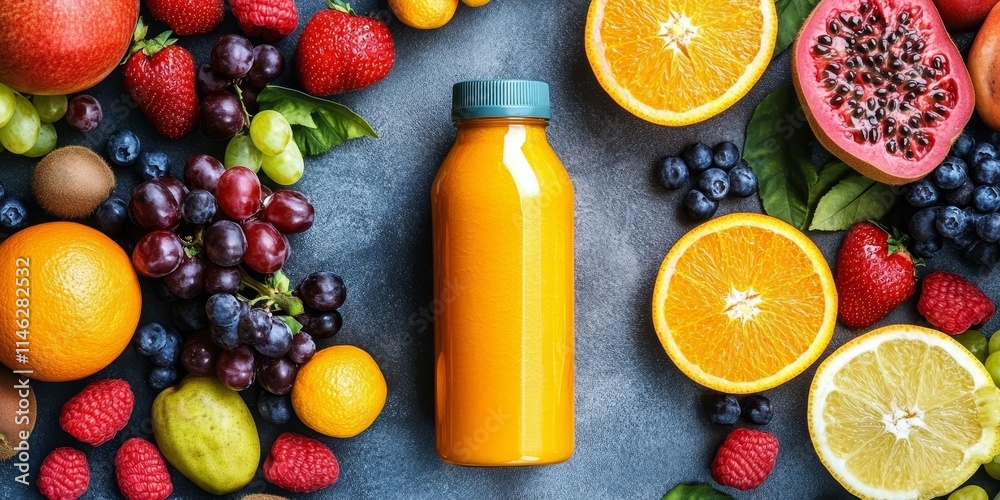 Poster a vibrant bottle of orange smoothie is beautifully displayed alongside an array of fresh fruits, hig