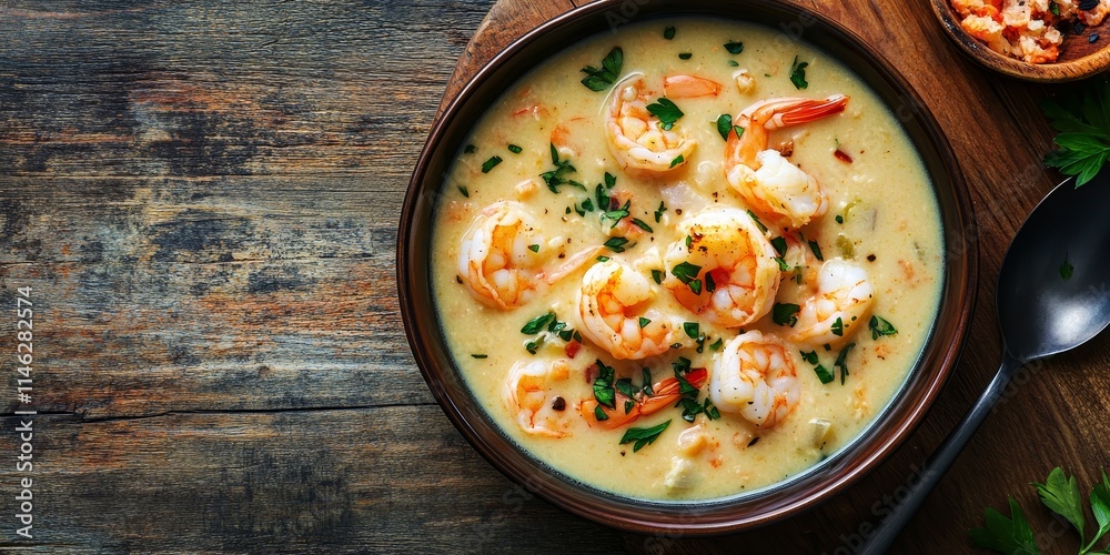 Poster delicious shrimp prawn chowder featuring crab meat presented in a bowl on a rustic wooden table. thi