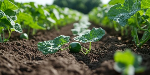 Fototapeta premium Solar powered mole repellent tool emits sonic pulses in a cucumber field, safeguarding plant roots from underground rodents. This environmentally friendly technology device effectively protects crops.