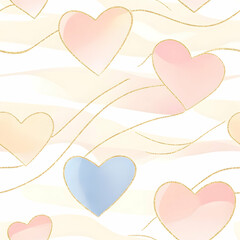 A seamless design featuring hearts in soft pastel and beige colors, highlighted by thin golden glitter lines