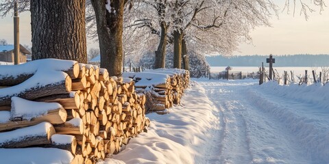 A winter landscape features snow covered ground and neatly stacked firewood, which is intended for use as a heat source during the cold season.
