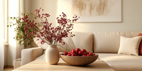 Elegant living room interior featuring a vase of flowers and a bowl of red fruits on a wooden coffee table, complemented by a stylish ginger sofa for a cozy atmosphere.