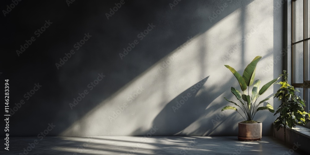 Fototapete Shadow cast from a window creates a striking contrast on a dark grey wall indoors, highlighting the interplay of light and shadow in the space. This shadow adds visual interest to the ambiance.