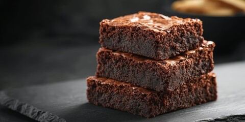 Delicious homemade fudgy chocolate brownies displayed on a black board. This selective focus image highlights the rich texture of fudgy chocolate brownies against a blurred background.