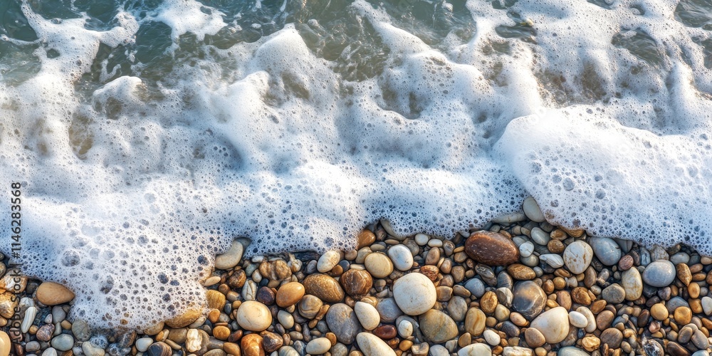 Poster serene sea shore featuring gentle waves, frothy foam, and smooth pebbles, creating a tranquil atmosp