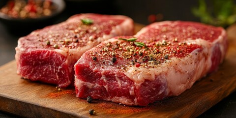 Obraz premium Fresh raw meat steaks seasoned with aromatic spices placed on a wooden cutting board, showcasing the vibrant colors and textures of raw meat steaks ready for culinary preparation.