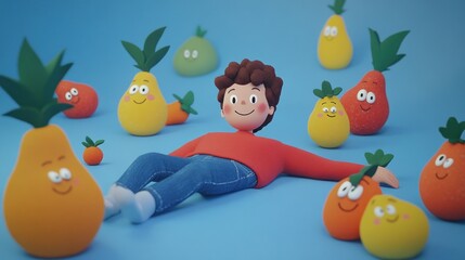 Obraz premium Happy boy surrounded by cheerful cartoon fruits on a blue background.