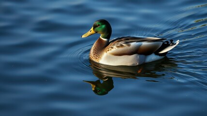 Obraz premium Mallard duck swimming calmly on a serene pond during sunset reflection in the water
