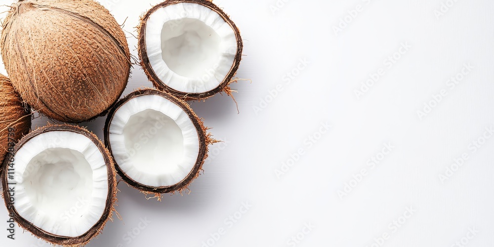 Poster Coconut isolated on a white background, featuring ample copy space for your text. This top view and flat lay of coconut highlights its unique texture and visual appeal.