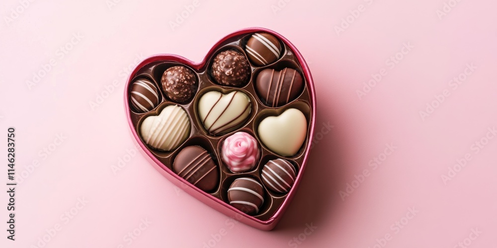 Poster close up of a heart shaped candy box filled with delightful chocolate candies, set against a soft pi