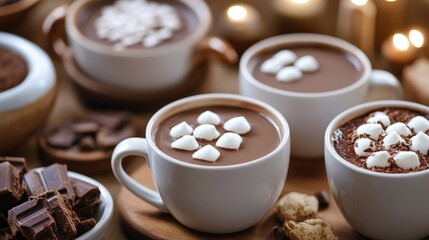 Cups of hot chocolate arranged beautifully on a table, creating a warm and inviting atmosphere. Enjoy the comfort of these delightful cups of hot chocolate for a perfect cozy moment.
