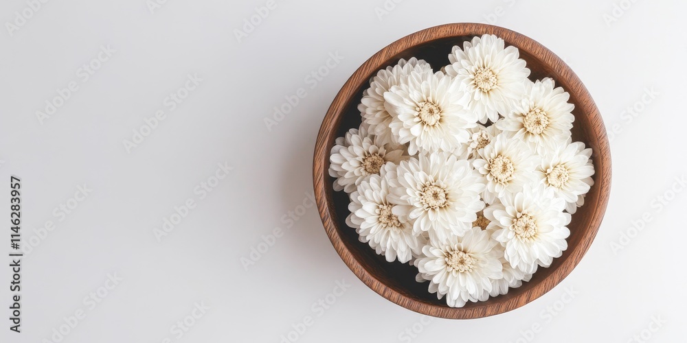 Poster in a white background featuring ample blank space, you can find dried white chrysanthemums arranged 