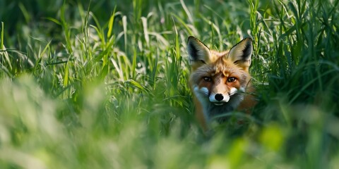 Naklejka premium Red Fox nestled in tall green grass at the forest s edge, showcasing the natural behavior of the Red Fox vulpes vulpes as it blends into its environment, surrounded by lush greenery.