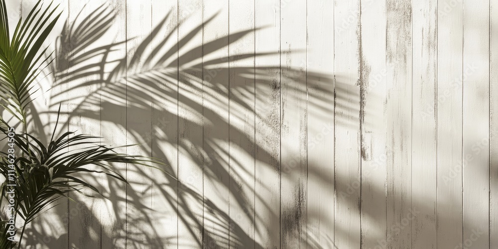 Aufkleber A backdrop featuring white wooden panels is accentuated by the shadow of a tropical leaf, creating a striking visual contrast with natures elements prominently highlighted.