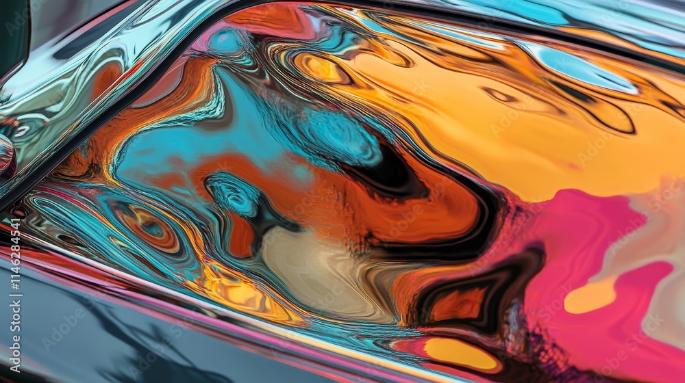 Fototapete Abstract composition featuring reflections captured in the windows of a car, highlighting intricate patterns and colors created by the car windows and surrounding environment.