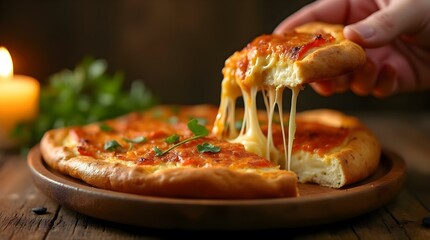 Cheesy pizza with melted cheese string, wooden platter, food snack