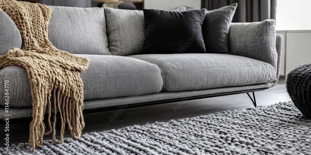 Poster stylish gray textile sofa featuring a cushion, beautifully positioned on a cozy knitted rug, creatin