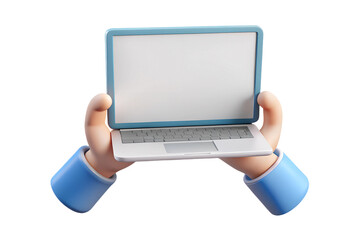 3D render mockup, businessman hands holding pc laptop white blank screen on isolated transparent background. PNG. Business concept.