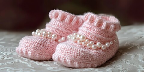 Handmade pink baby booties adorned with pearls, showcasing exquisite craftsmanship. These charming pink baby booties combine style and comfort, perfect for your little ones.
