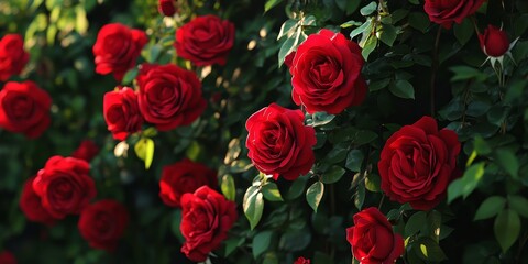 A vibrant group of red climbing roses showcases their stunning beauty and lush greenery, highlighting the elegance and charm of red climbing roses in any garden setting.