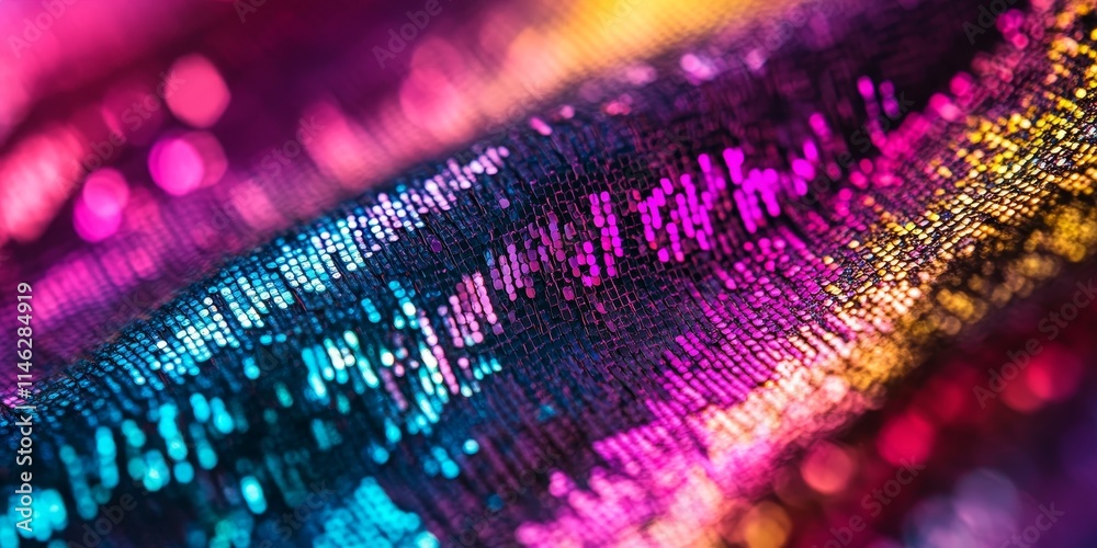 Poster Close up macro of sequins showcasing an abstract background with colorful sequins shimmering on the fabric, highlighting the vibrant beauty of sequins in various hues and textures.