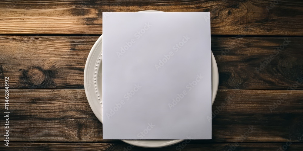Aufkleber Blank paper and an empty plate are arranged on a wooden table, creating a simple yet intriguing scene that captures the essence of an empty plate and blank paper setting.