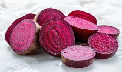 A bunch of purple beets are cut in half